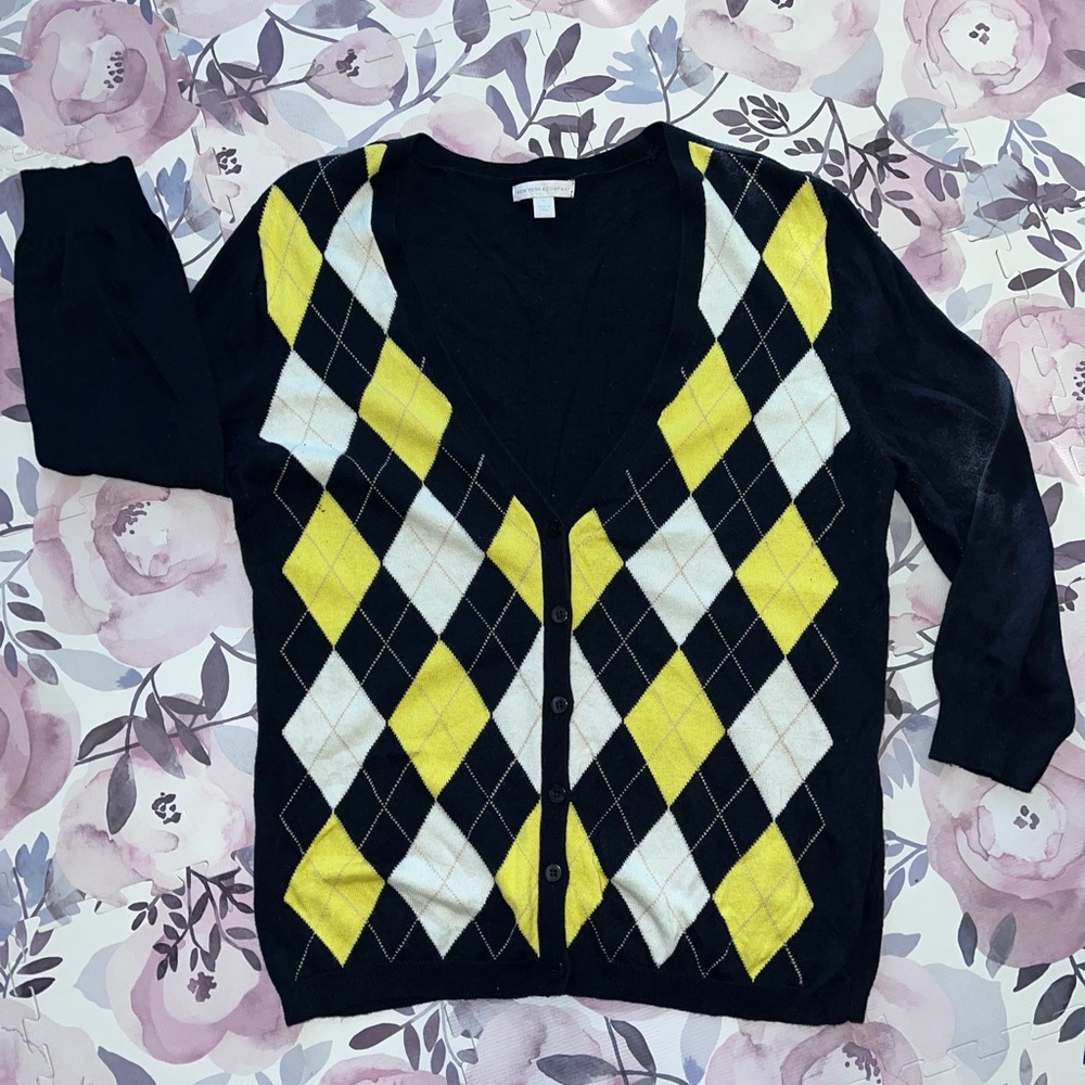 Navy yellow and white argyle cardigan
